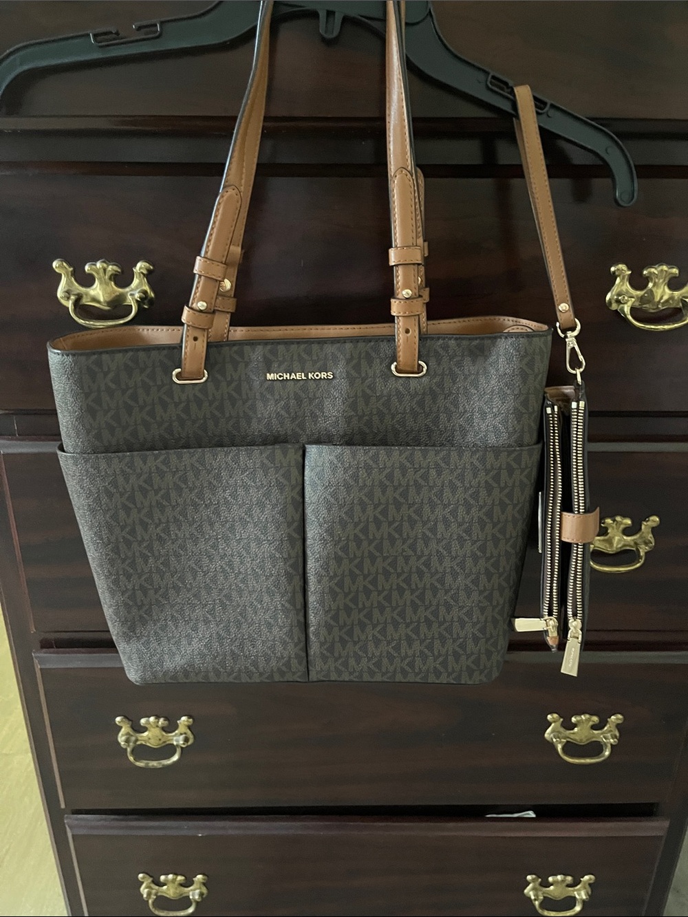 Michael Kors Brown MK Logo Tote with Tan Trim
